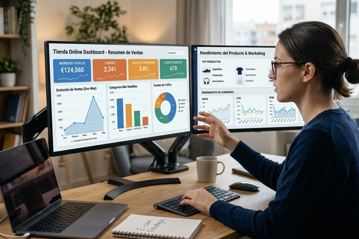 Persona analizando datos de competencia en un ordenador, representando el cruce de información para la estrategia de e-commerce.